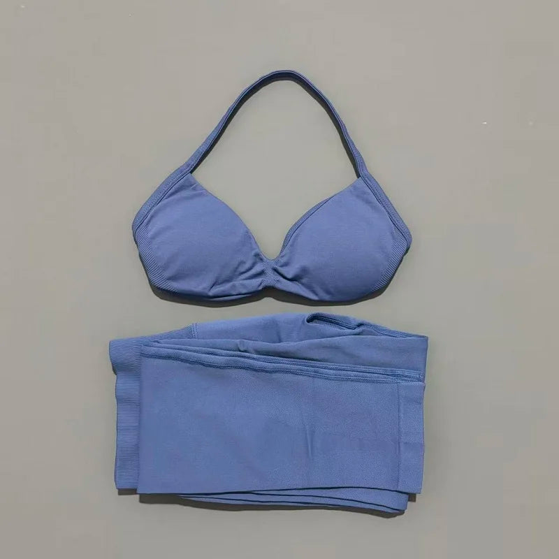 2 Piece Sports Set Women Yoga Backless Halter Bra High Waist Scrunch Seamless Pants