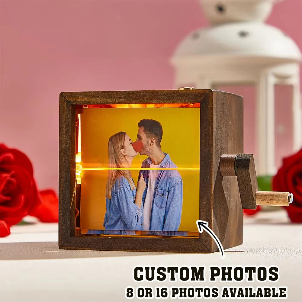 Hand Cranked Photo Flip book Box Personalized Photo card Holder Mother's Day Gift Solid Wood