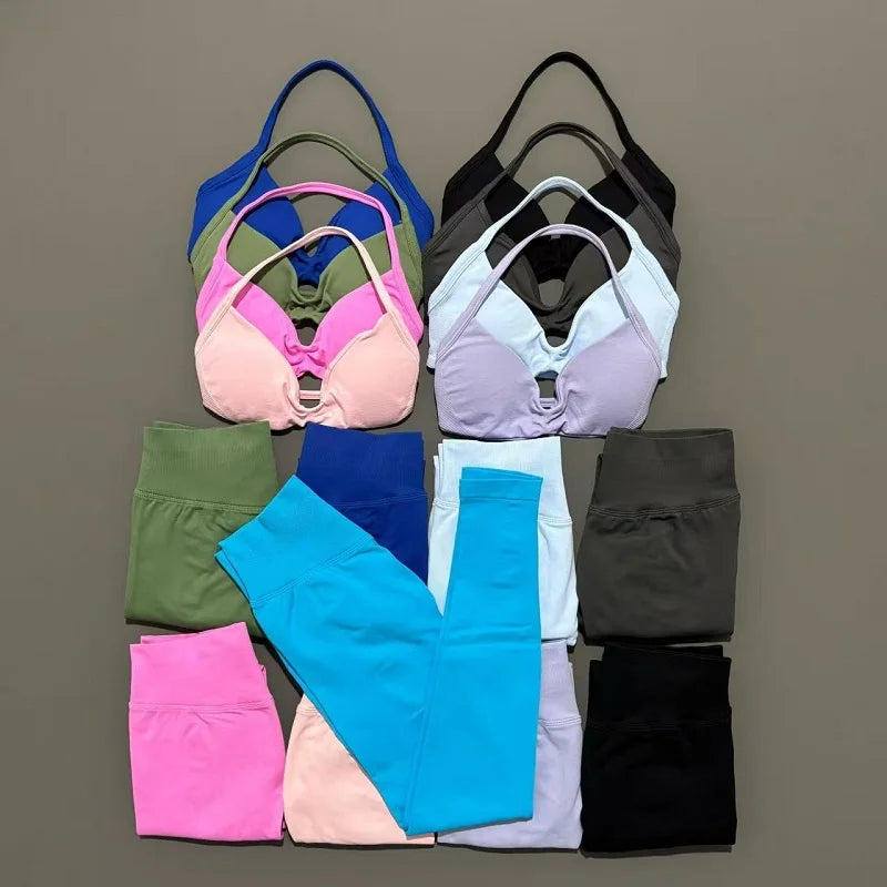 2 Piece Sports Set Women Yoga Backless Halter Bra High Waist Scrunch Seamless Pants