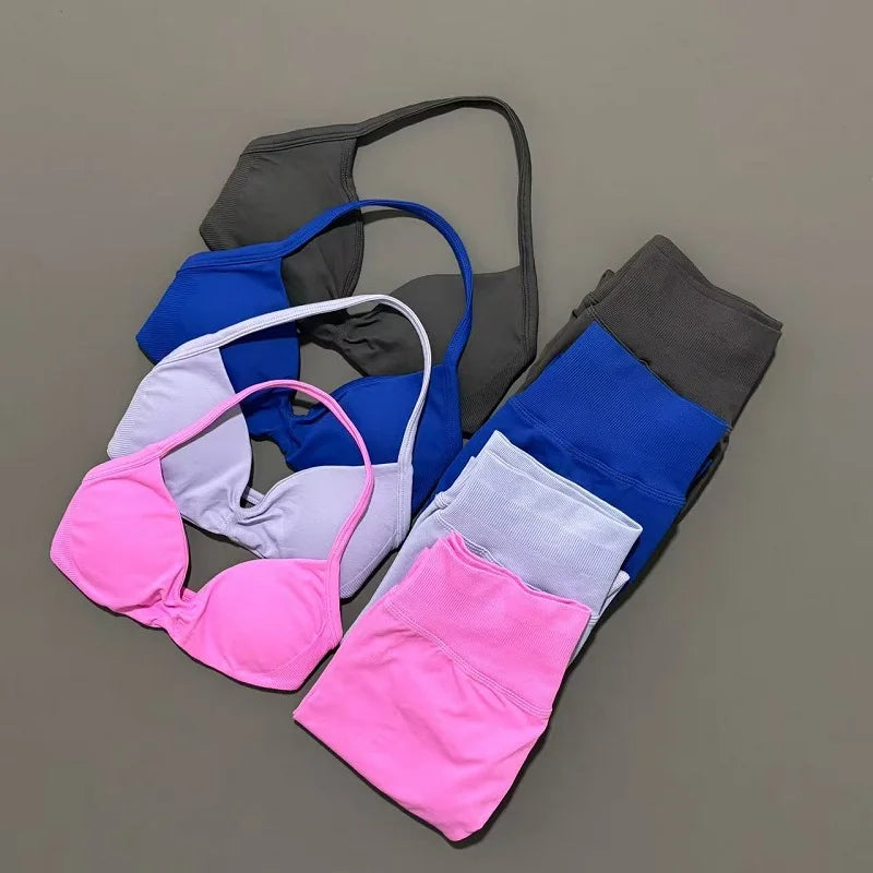 2 Piece Sports Set Women Yoga Backless Halter Bra High Waist Scrunch Seamless Pants