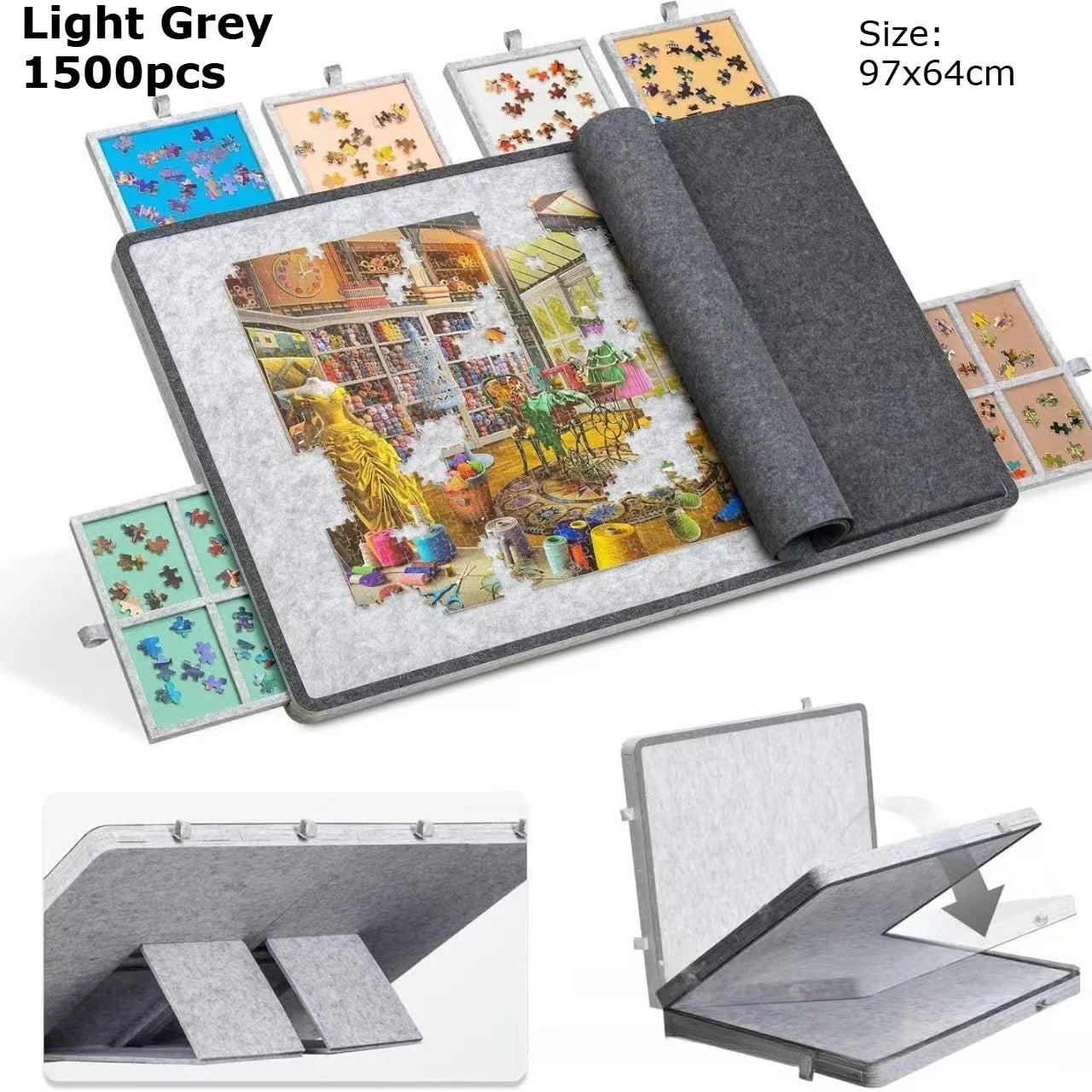 1000/1500pcs Puzzle Board with Stand Lid 6 Colored Drawers Foldable and Portable
