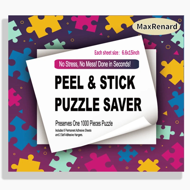6 Sheets Jigsaw Puzzle Glue Sheets, Self Adhesive Puzzle Saver Stickers with 2 Hooks, for Thousand Pieces