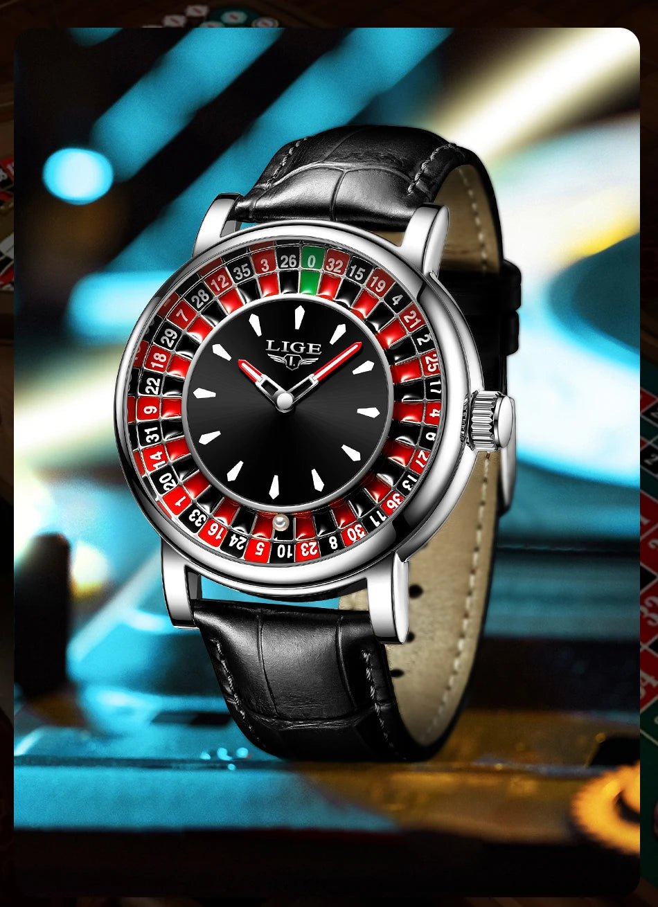 LIGE Brown Leather Men Watch Rotating Dial Las Vegas Roulette Desktop Theme