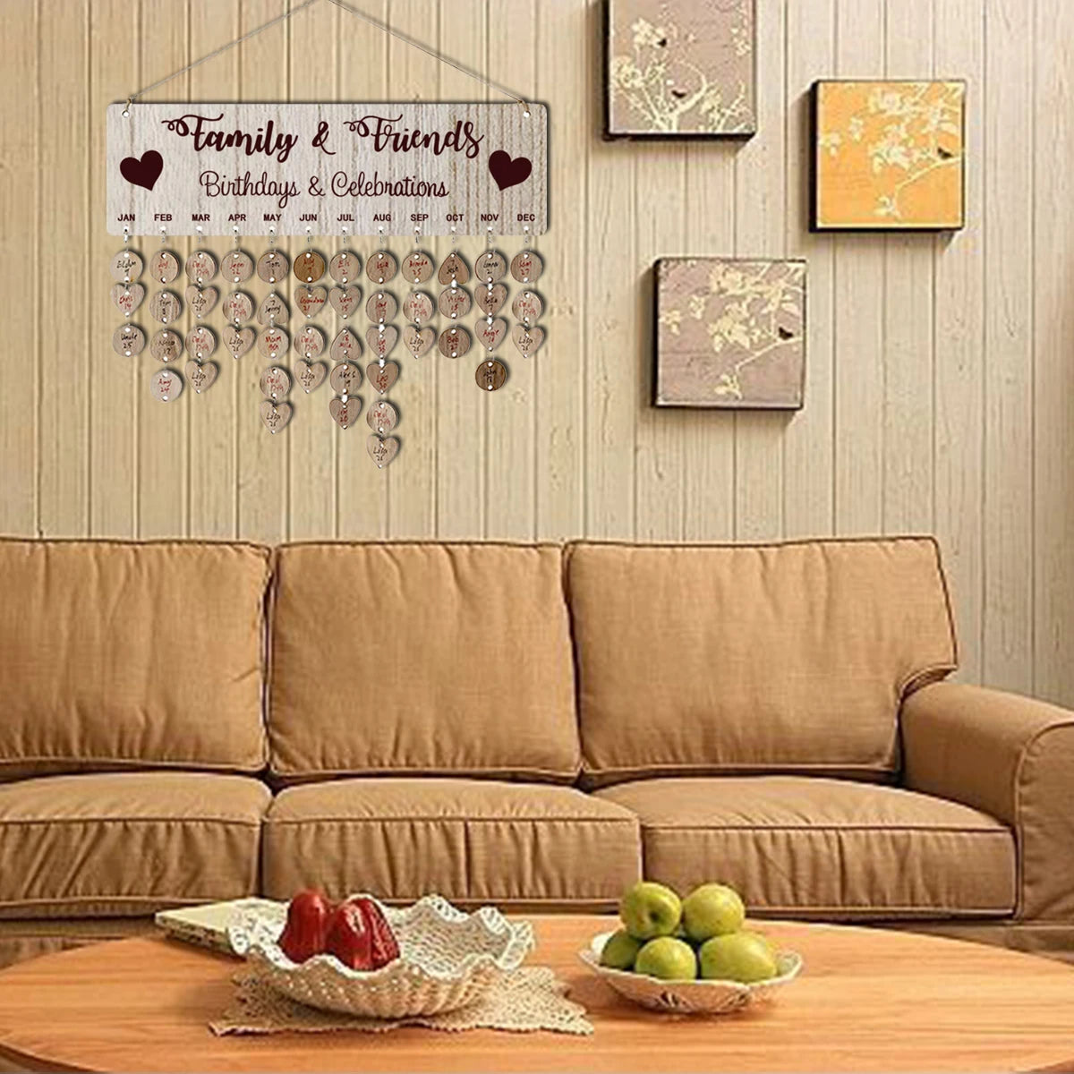 Wooden Hanging DIY Calendar Reminder Board with 50 Round Pendants and 50 Heart Shaped Pendants