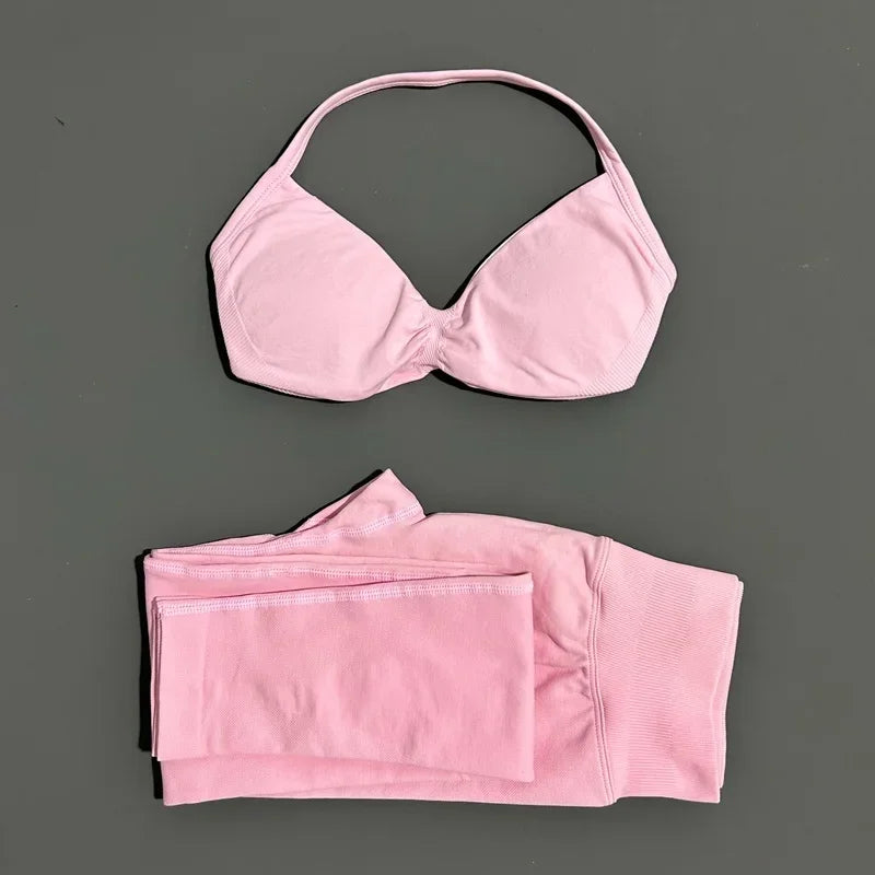 2 Piece Sports Set Women Yoga Backless Halter Bra High Waist Scrunch Seamless Pants