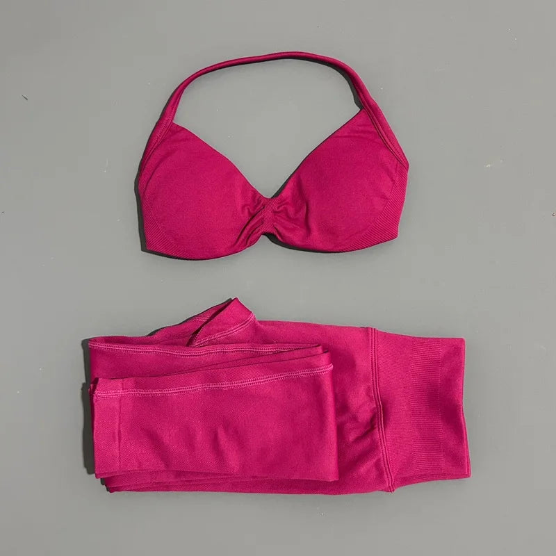 2 Piece Sports Set Women Yoga Backless Halter Bra High Waist Scrunch Seamless Pants