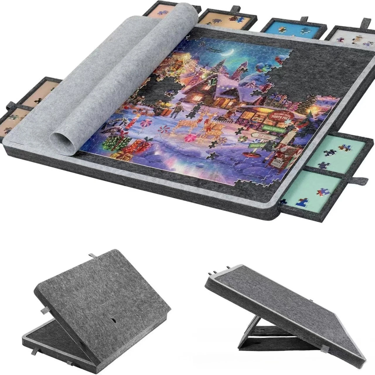 1000/1500pcs Puzzle Board with Stand Lid 6 Colored Drawers Foldable and Portable