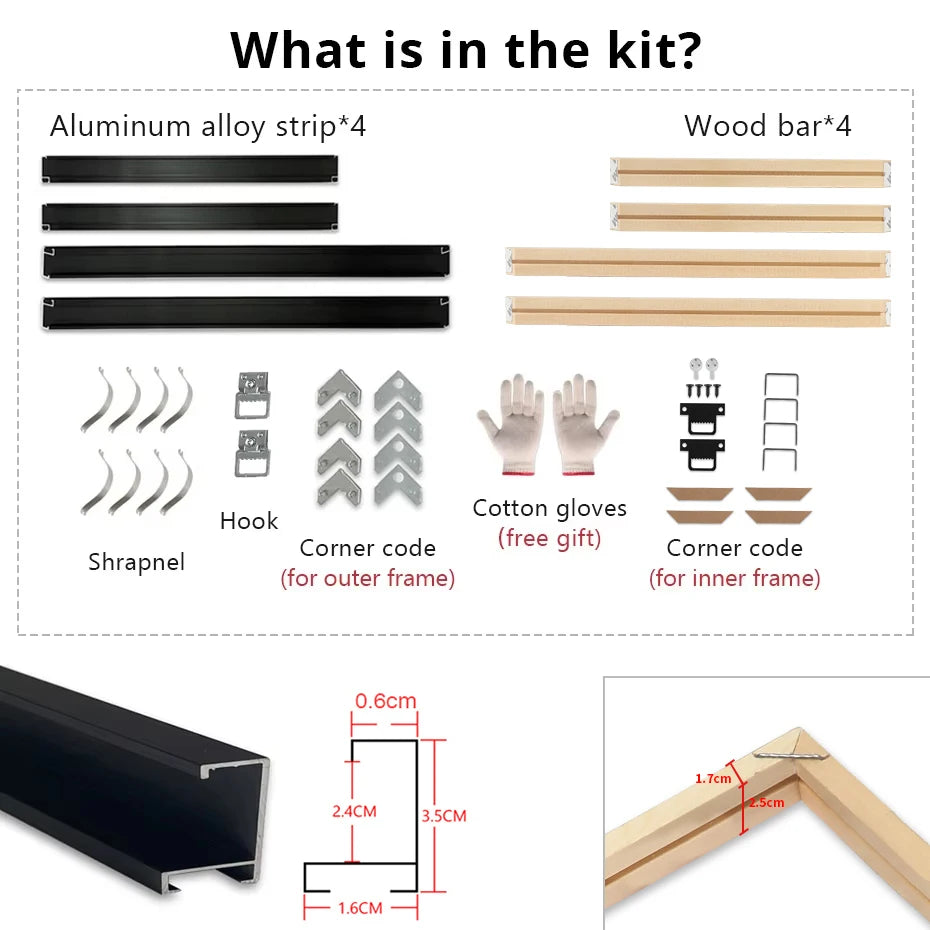 Customized DIY Frame Kit Gold Black Metal Aluminum Outer Frame and Wooden Inner Frame