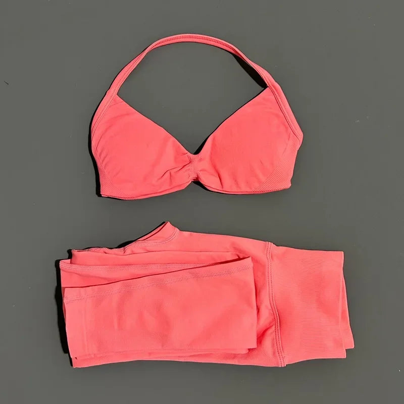2 Piece Sports Set Women Yoga Backless Halter Bra High Waist Scrunch Seamless Pants