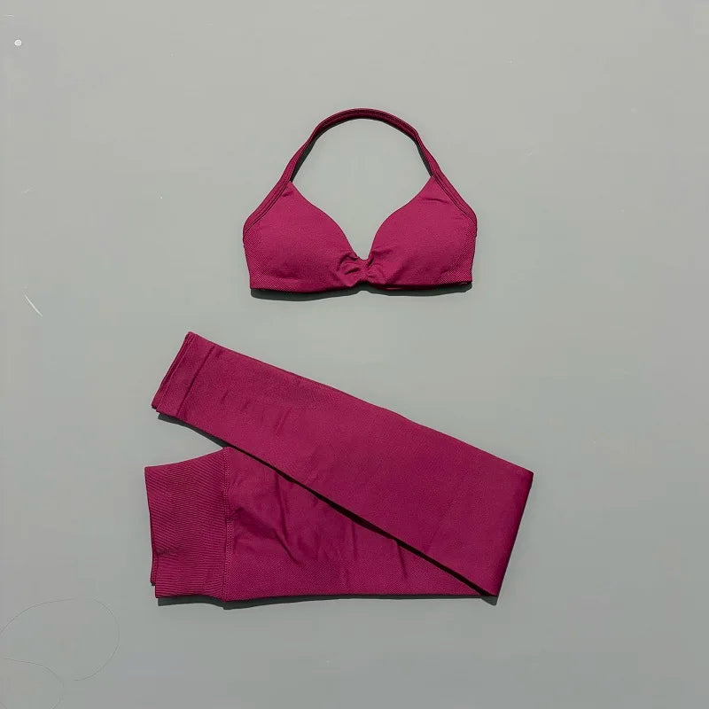 2 Piece Sports Set Women Yoga Backless Halter Bra High Waist Scrunch Seamless Pants