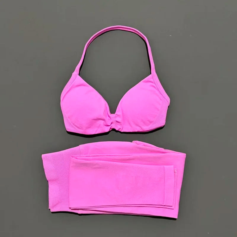 2 Piece Sports Set Women Yoga Backless Halter Bra High Waist Scrunch Seamless Pants