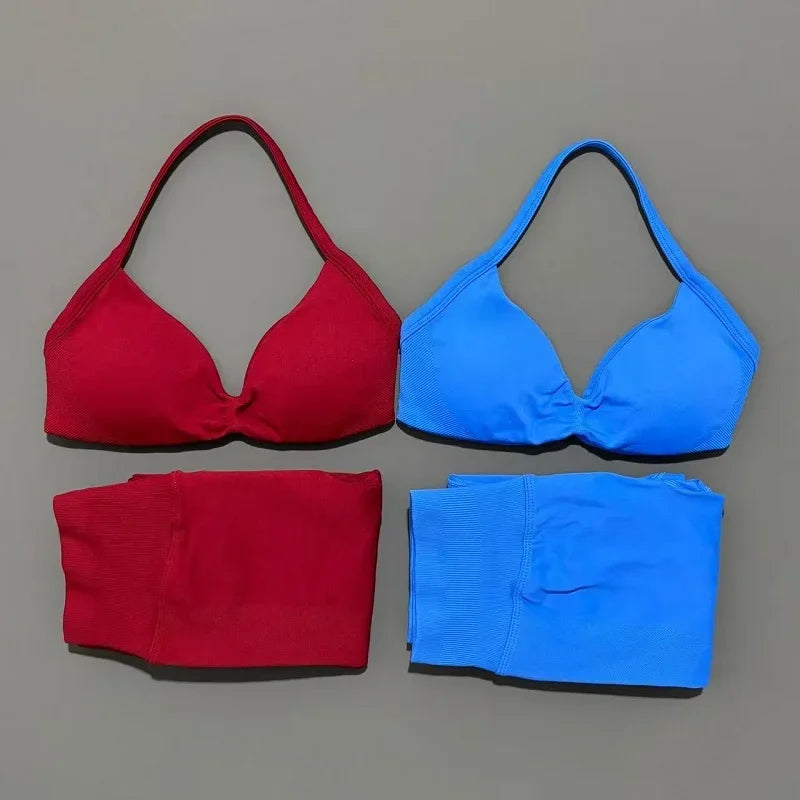 2 Piece Sports Set Women Yoga Backless Halter Bra High Waist Scrunch Seamless Pants
