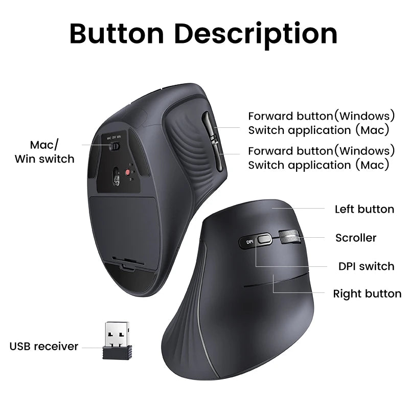 Vertical Mouse Wireless Bluetooth  6 Mute Buttons for MacBook Tablet Laptops Computer PC