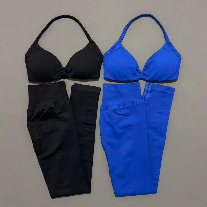 2 Piece Sports Set Women Yoga Backless Halter Bra High Waist Scrunch Seamless Pants