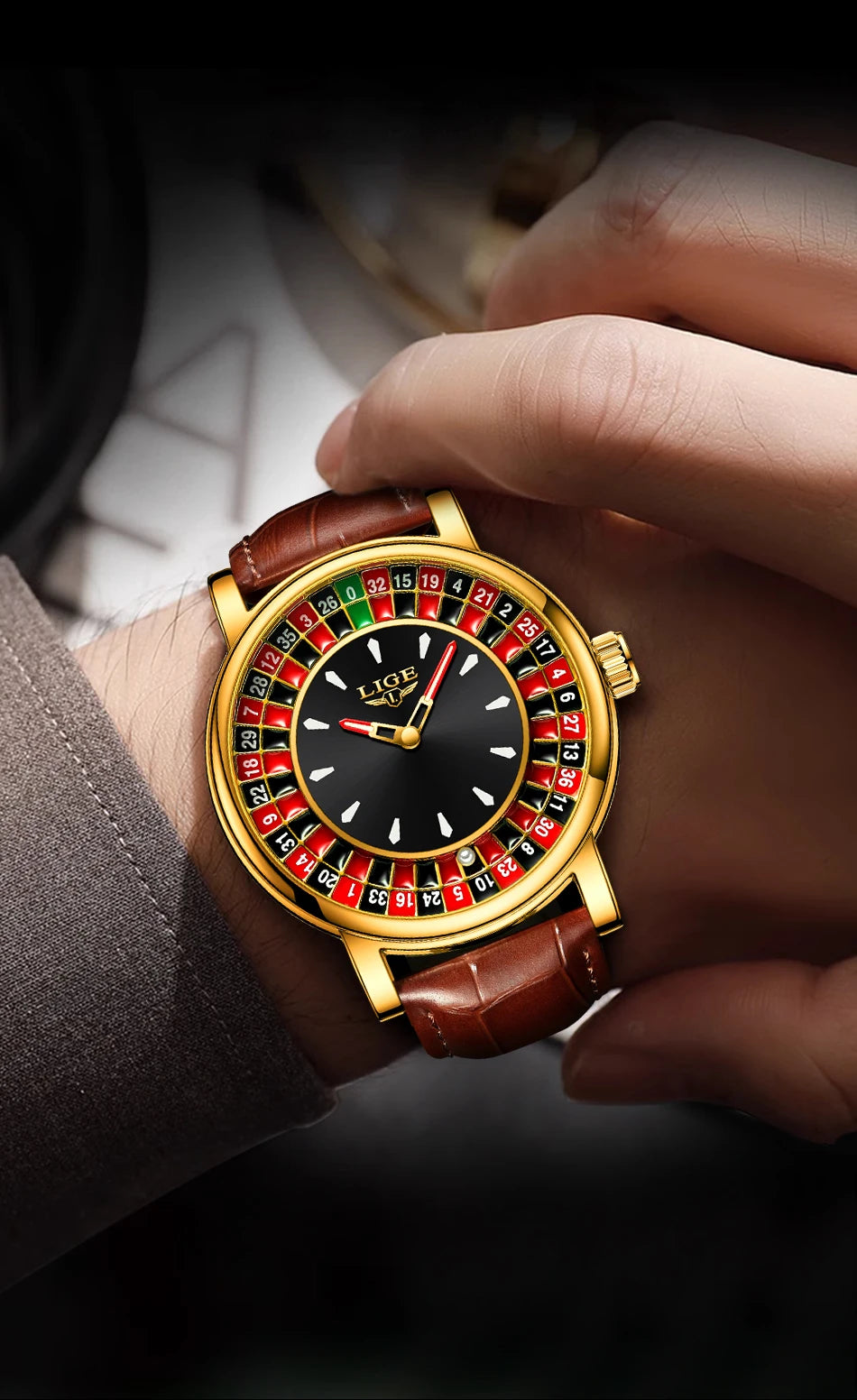 LIGE Brown Leather Men Watch Rotating Dial Las Vegas Roulette Desktop Theme
