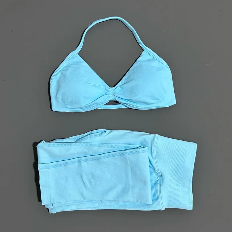 2 Piece Sports Set Women Yoga Backless Halter Bra High Waist Scrunch Seamless Pants
