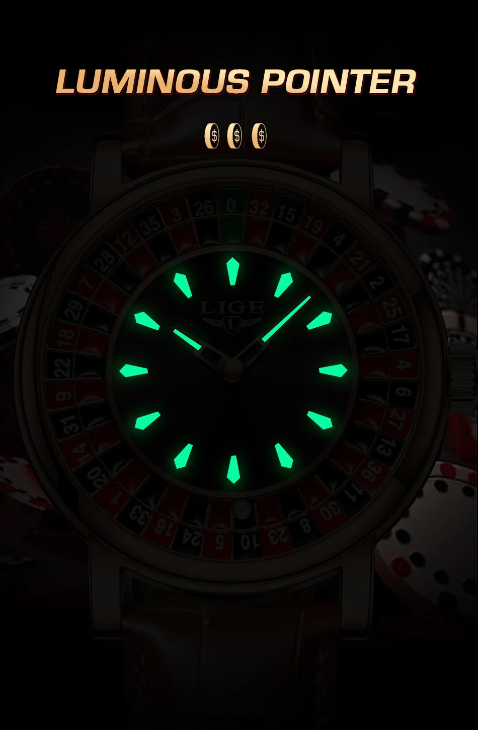LIGE Brown Leather Men Watch Rotating Dial Las Vegas Roulette Desktop Theme