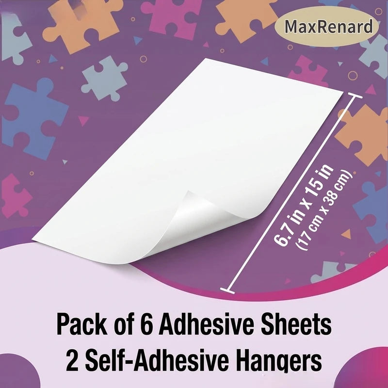 6 Sheets Jigsaw Puzzle Glue Sheets, Self Adhesive Puzzle Saver Stickers with 2 Hooks, for Thousand Pieces