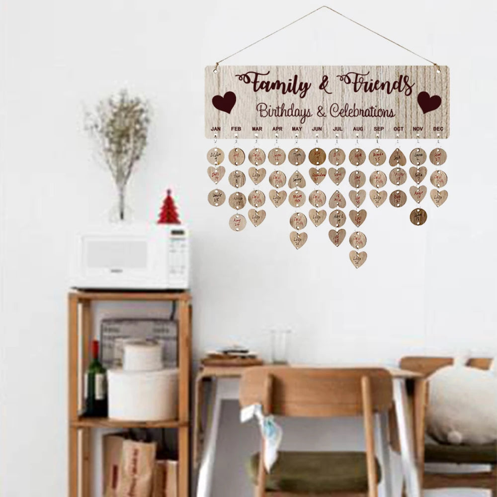 Wooden Hanging DIY Calendar Reminder Board with 50 Round Pendants and 50 Heart Shaped Pendants
