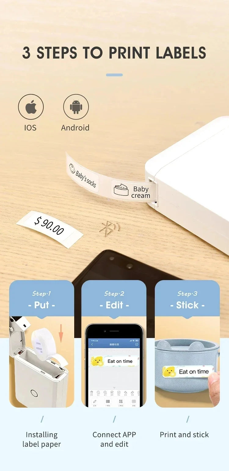 Portable Mini Printer Thermal Adhesive Sticker Label Printer Inkless Label Maker For Mobile Label
