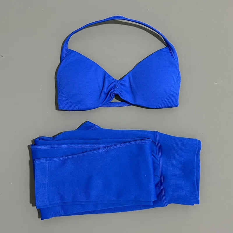 2 Piece Sports Set Women Yoga Backless Halter Bra High Waist Scrunch Seamless Pants
