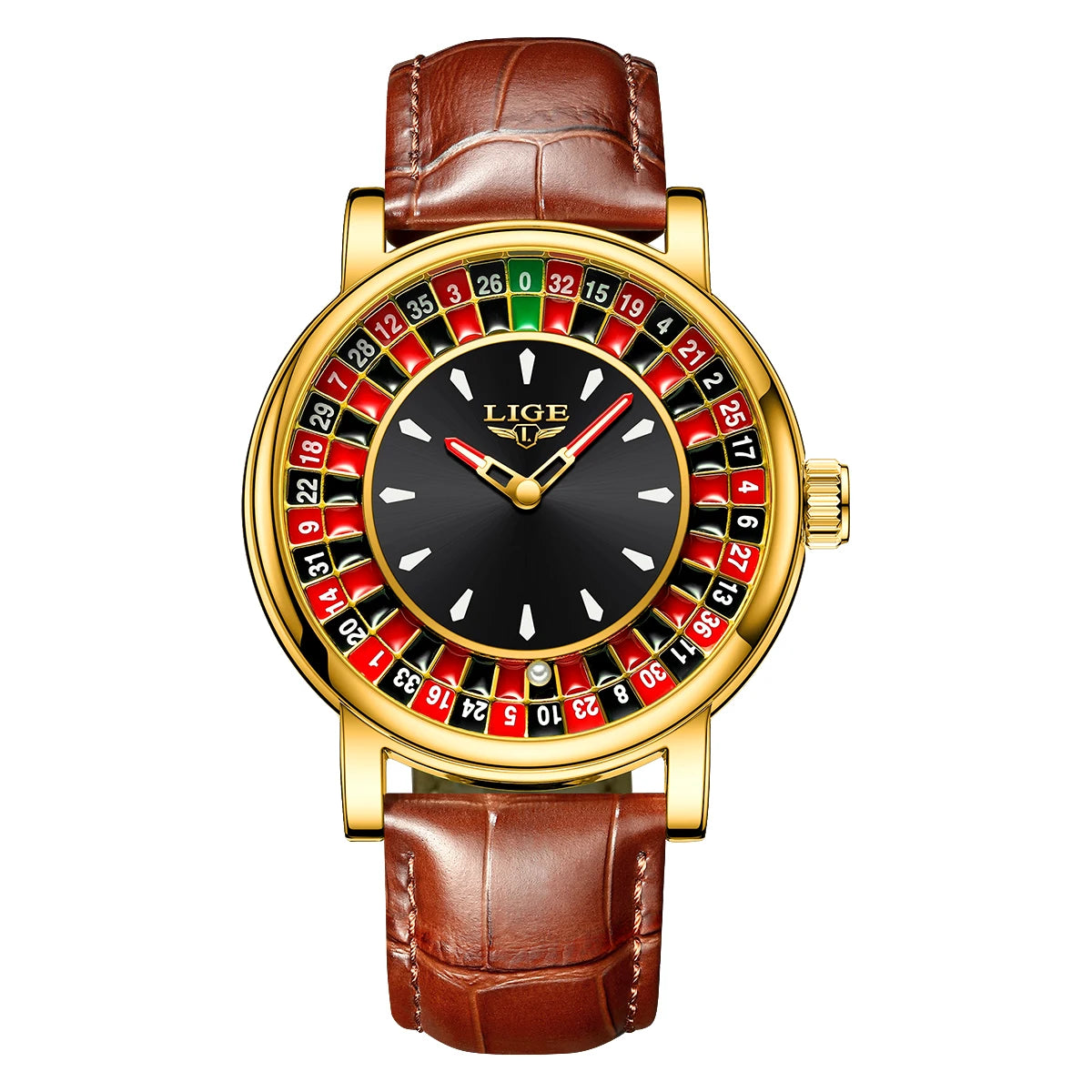 LIGE Brown Leather Men Watch Rotating Dial Las Vegas Roulette Desktop Theme