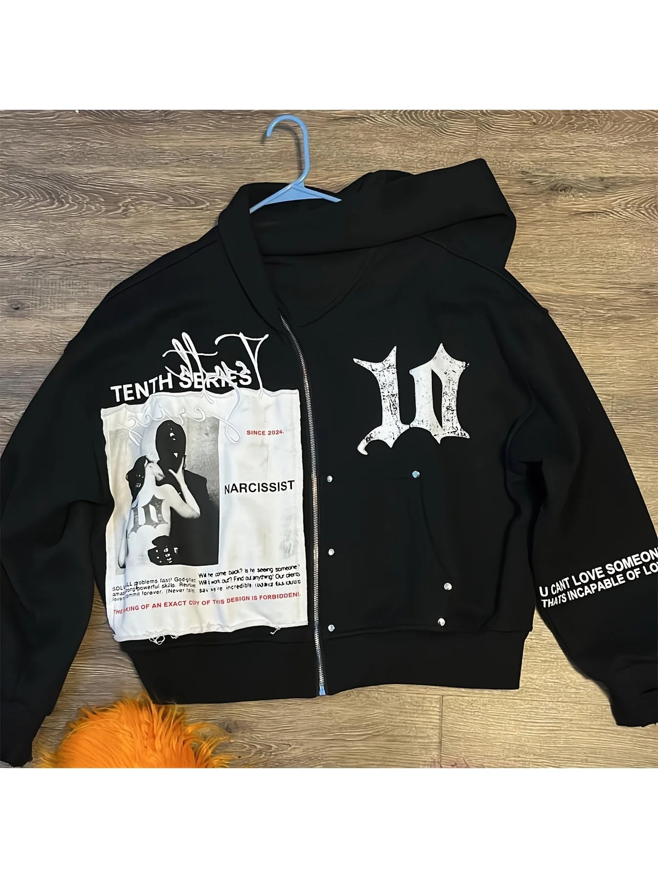 Men's Black Oversized Zip Up Hoodie "Tenth Series" Graphic Print Streetwear