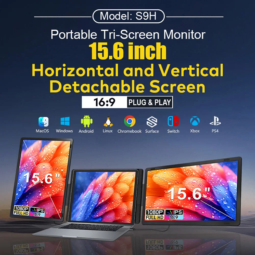 14 to 16 Inch Dual Screen Extender Display FHD IPS Triple Expandable Monitors