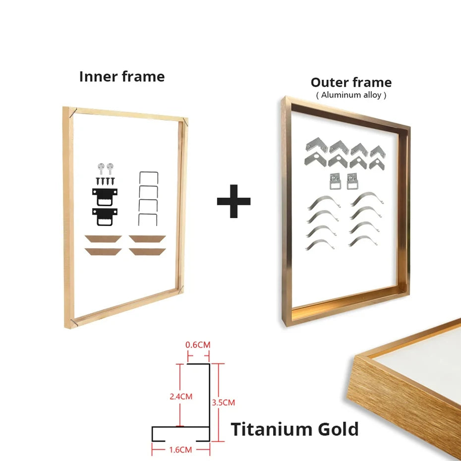 Customized DIY Frame Kit Gold Black Metal Aluminum Outer Frame and Wooden Inner Frame