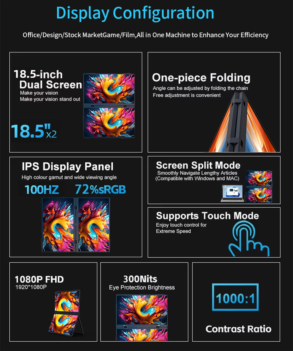 18.5" Dual Touch Portable Monitor Non touch Optional 100Hz 1080P FHD