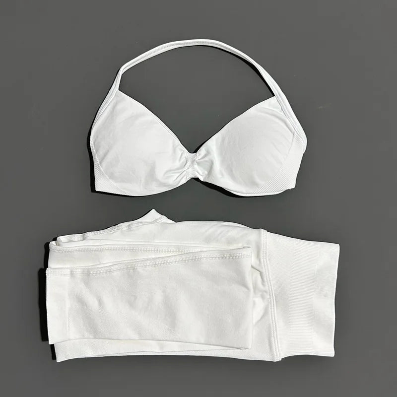 2 Piece Sports Set Women Yoga Backless Halter Bra High Waist Scrunch Seamless Pants