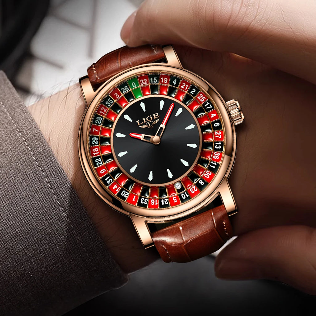 LIGE Brown Leather Men Watch Rotating Dial Las Vegas Roulette Desktop Theme