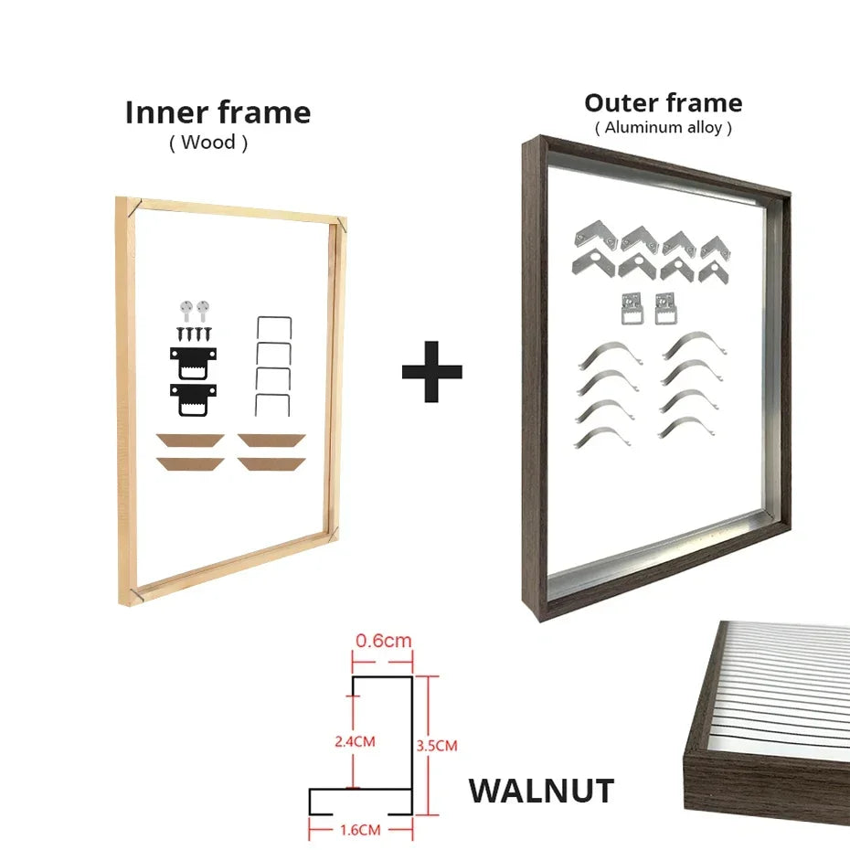 Customized DIY Frame Kit Gold Black Metal Aluminum Outer Frame and Wooden Inner Frame