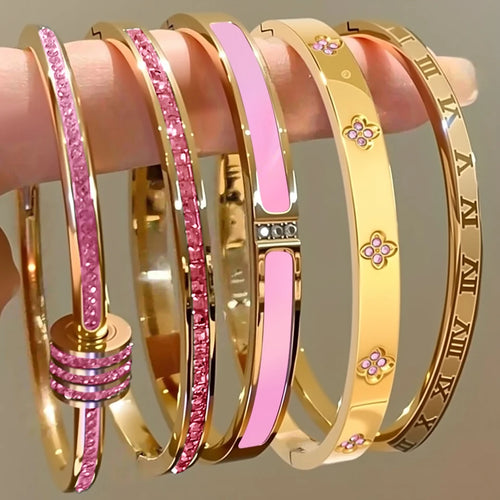 5/1pcs Sparkling Zirconia Inlaid Stainless Steel Bracelet Set