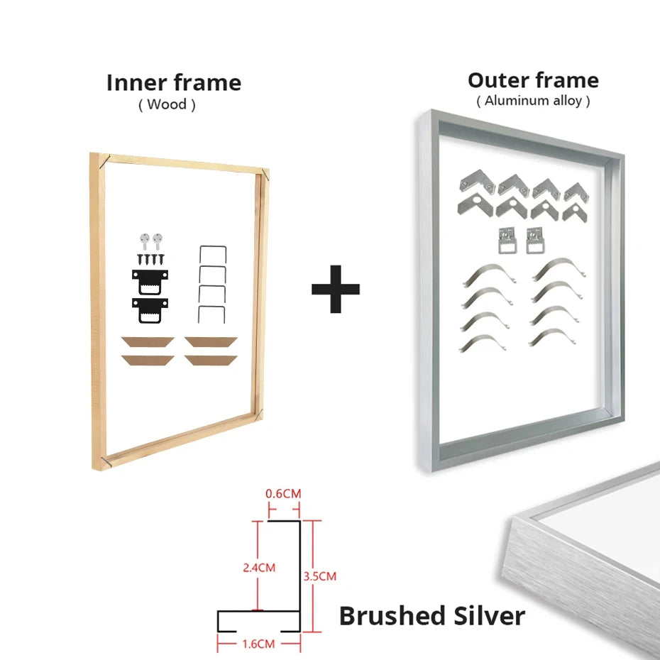 Customized DIY Frame Kit Gold Black Metal Aluminum Outer Frame and Wooden Inner Frame