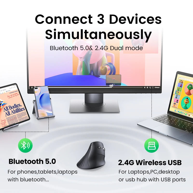 Vertical Mouse Wireless Bluetooth  6 Mute Buttons for MacBook Tablet Laptops Computer PC