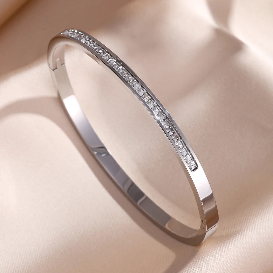 5/1pcs Sparkling Zirconia Inlaid Stainless Steel Bracelet Set