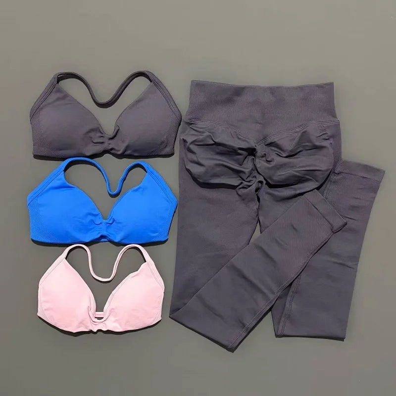 2 Piece Sports Set Women Yoga Backless Halter Bra High Waist Scrunch Seamless Pants
