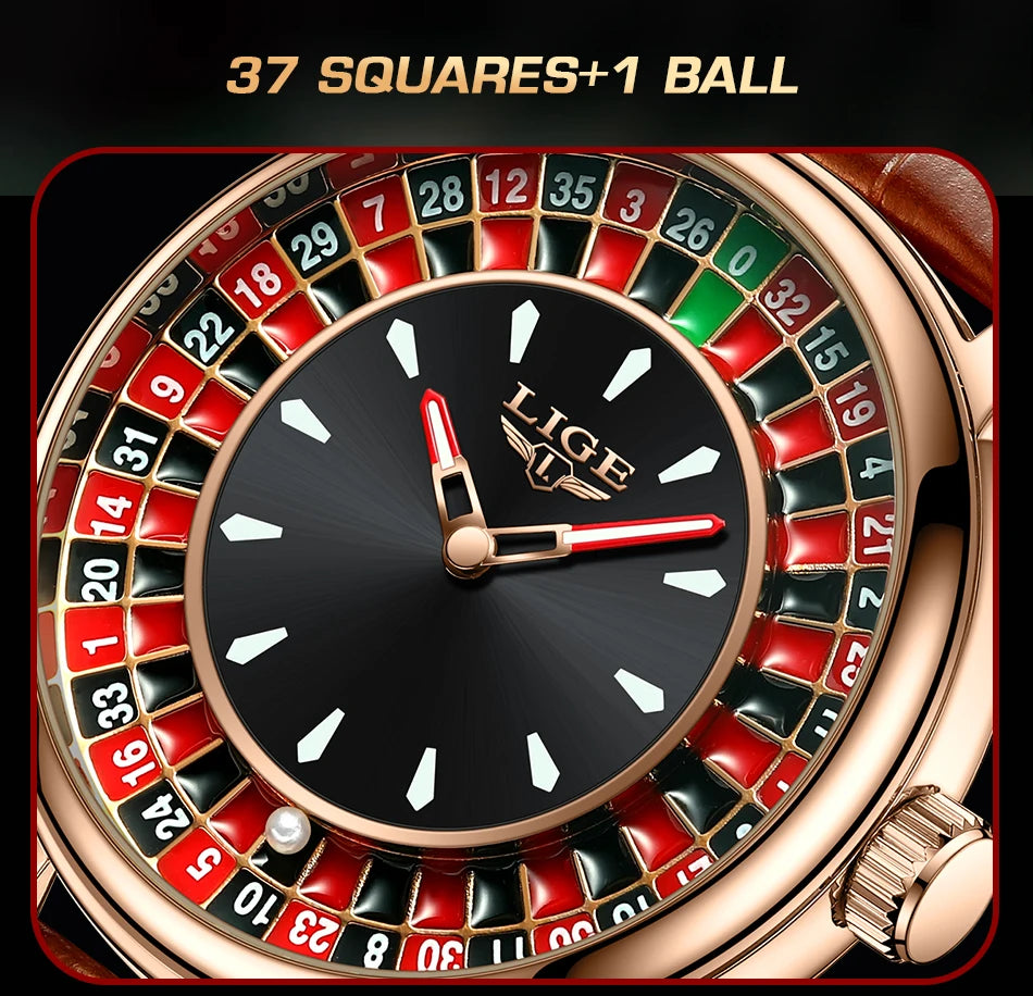 LIGE Brown Leather Men Watch Rotating Dial Las Vegas Roulette Desktop Theme
