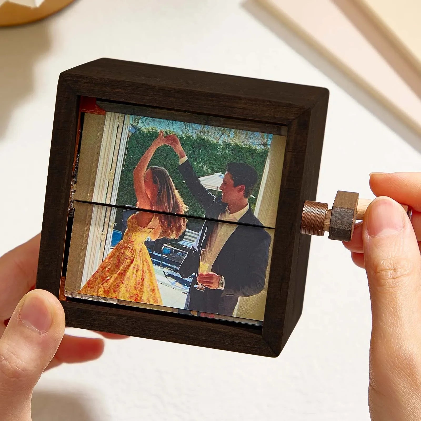 Hand Cranked Photo Flip book Box Solid wood slightly different colors