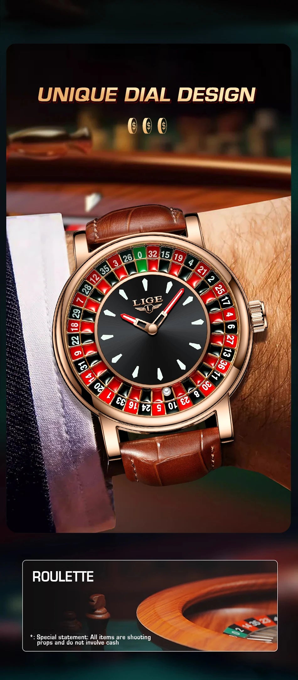 LIGE Brown Leather Men Watch Rotating Dial Las Vegas Roulette Desktop Theme