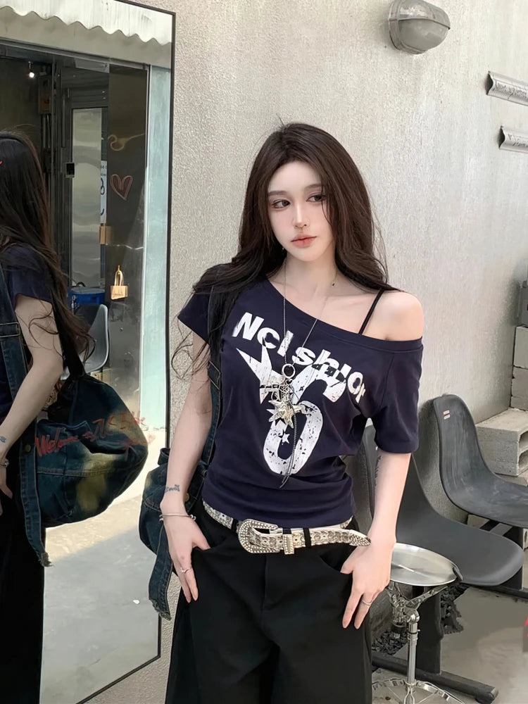 Sport Summer Off shoulder Top Women Vintage 2000s Short sleeve T shirt