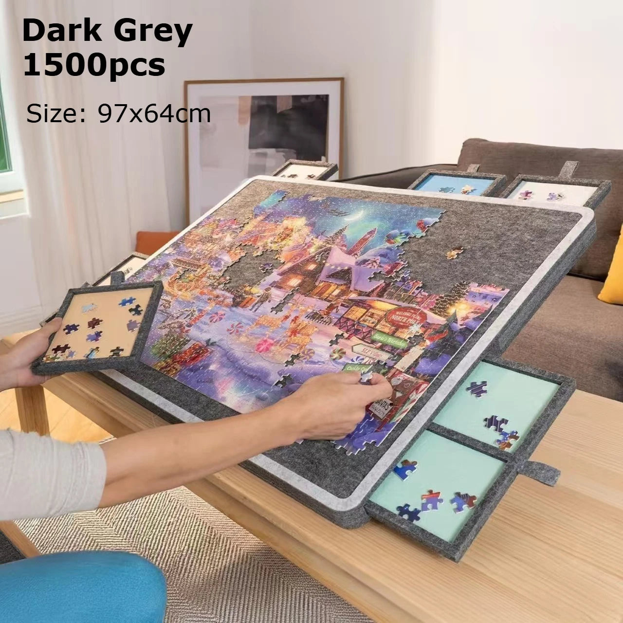 1000/1500pcs Puzzle Board with Stand Lid 6 Colored Drawers Foldable and Portable