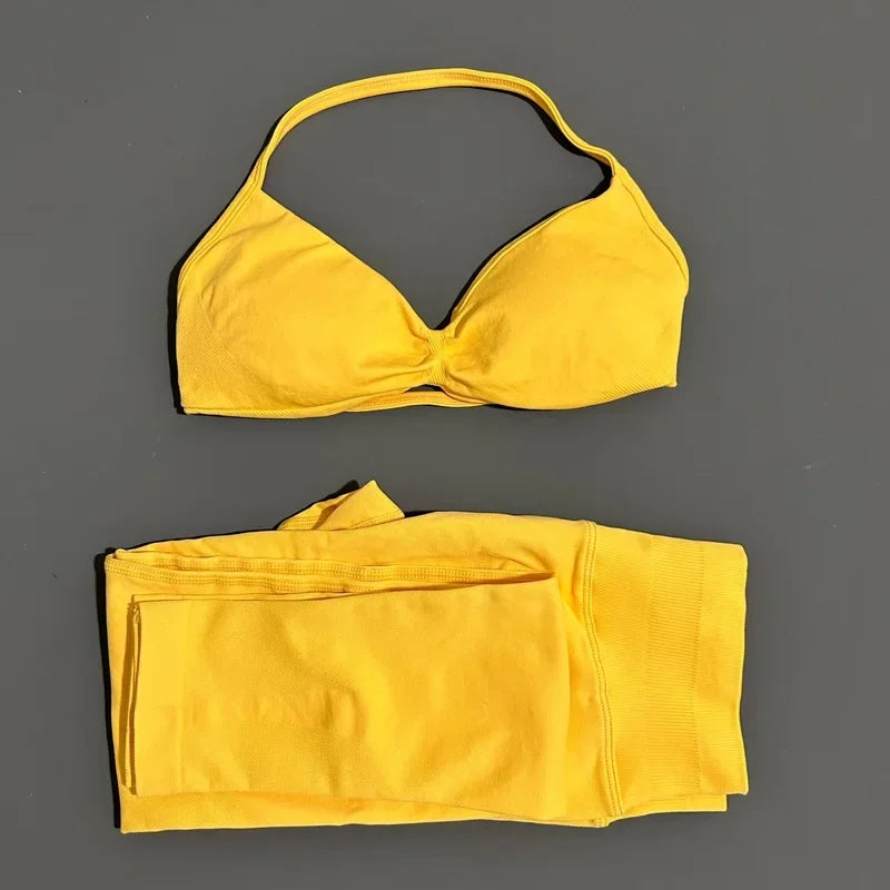 2 Piece Sports Set Women Yoga Backless Halter Bra High Waist Scrunch Seamless Pants