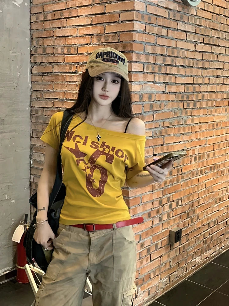 Sport Summer Off shoulder Top Women Vintage 2000s Short sleeve T shirt