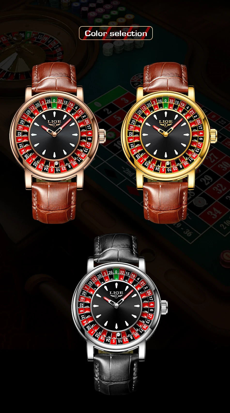 LIGE Brown Leather Men Watch Rotating Dial Las Vegas Roulette Desktop Theme