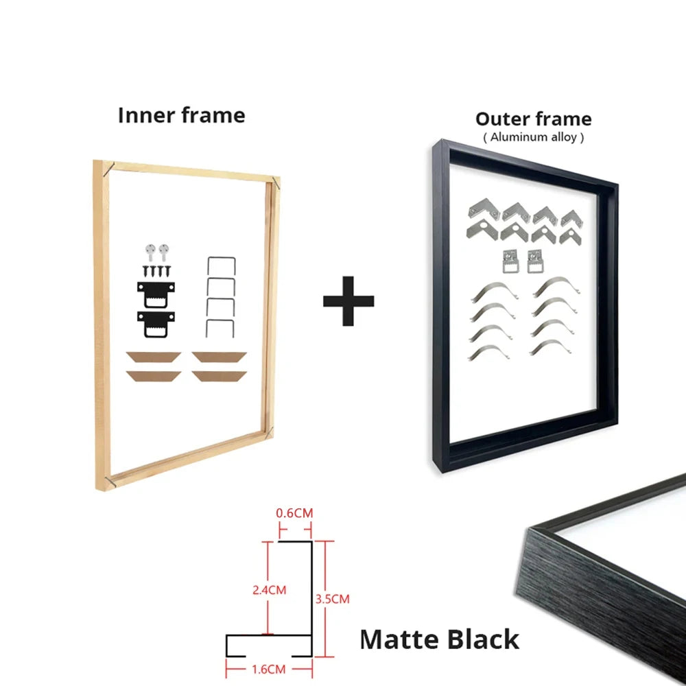 Customized DIY Frame Kit Gold Black Metal Aluminum Outer Frame and Wooden Inner Frame
