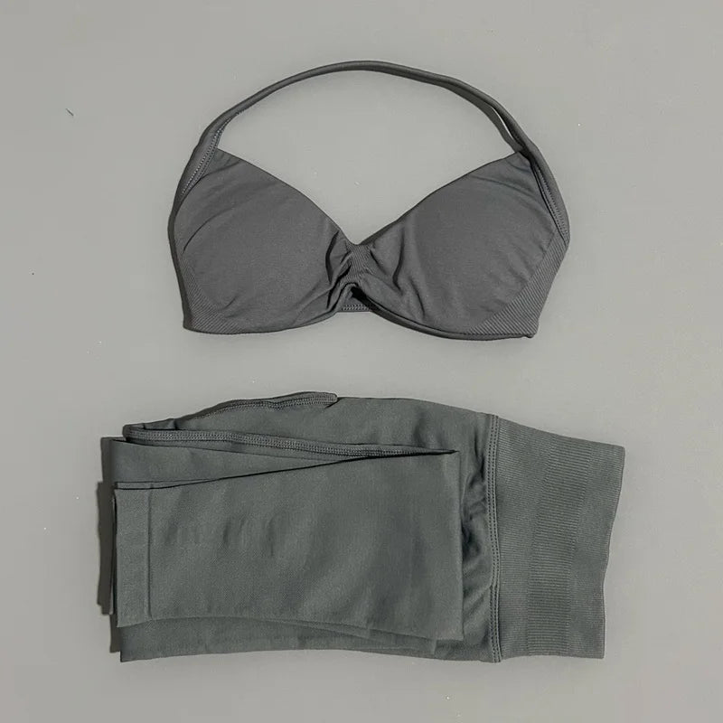 2 Piece Sports Set Women Yoga Backless Halter Bra High Waist Scrunch Seamless Pants