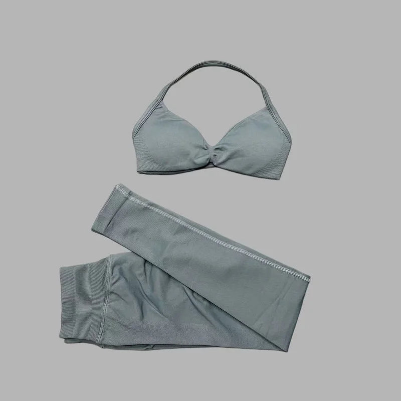 2 Piece Sports Set Women Yoga Backless Halter Bra High Waist Scrunch Seamless Pants