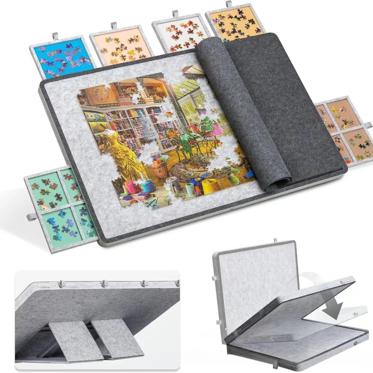 1000/1500pcs Puzzle Board with Stand Lid 6 Colored Drawers Foldable and Portable